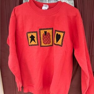 Womens Red Crewneck Sweatshirt with Star, Apple & Heart Appliqué